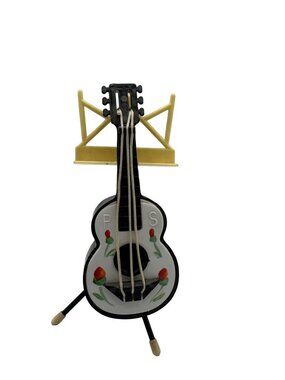 Miniature Guitar Salt & Pepper Shaker Set With Stand - Hand-Painted Floral Desig